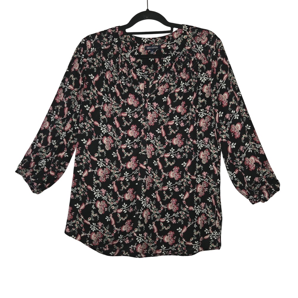 Max Edition Black Floral Blouse Women's Medium Smocked 3/4 Sleeve Top Stretch